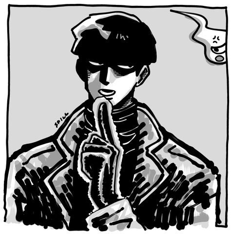 Mob Psycho 100 fan art. A drawing of a man with black hair in a bowlcut, a dark expression, wide shoulders, wearing a coat over a turtleneck and leather gloves, pointing upwards with his index as energy surrounds his hand. A ghastly blob glares at him from a corner.