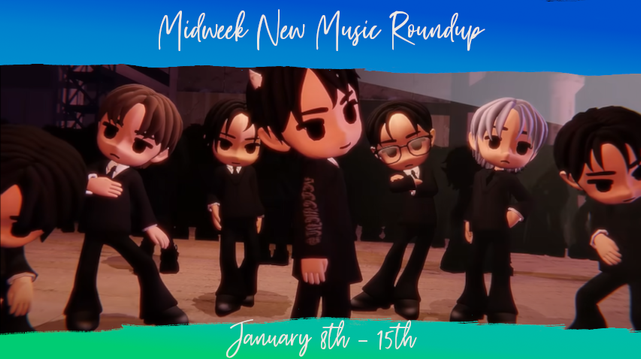In a distressed frame (top and bottom bars only, blue to light green vertical gradient), screenshot from the animated visualizer for Odetari's SMB showcasing 7 of 8 ATEEZ dolls in a busy rave club, Hongjoong-doll in the center. Header text reads Midweek New Music Roundup. Bottom text reads January 8th - 15th.