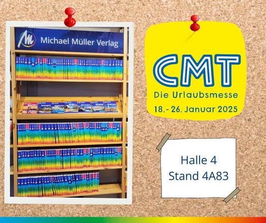 Korkwand mit 3 Pins:
- Halle 4 Stand 4A83
- CMT Die Urlaubsmesse 18.-26. Januar 2025
- Regal mit MM Büchern