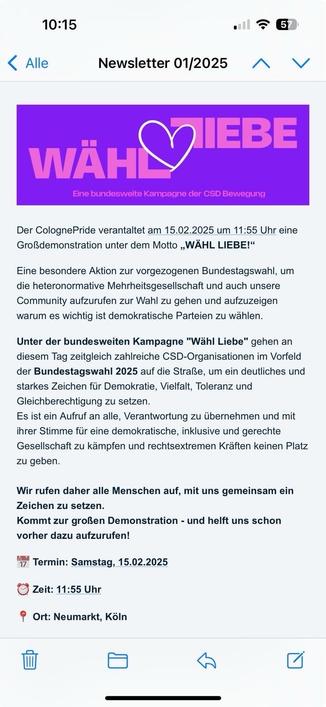 Newsletter vom ColognePride zum Aufruf einer Grossdemo am 15.02.2025