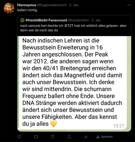 Ein Bild eines Twitter-Posts, indem beschrieben wird, dass sich die Bewusstseinsfrequenz steigert und die Schumannfrequenz ballert.