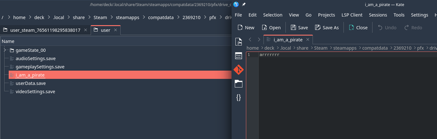 File browser on the left, a Steam game data folder is opened, a file named i_am_a_pirate is highlighted. On the right is a text editor with that file open. The file content is "arrrrrr".