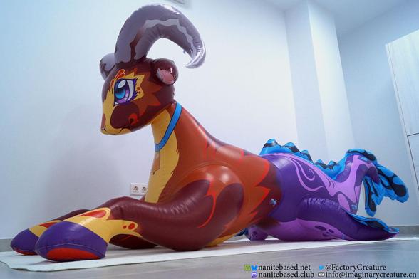 Multiple photos of Divenire, an inflatable Sea Goat, at different angles. She has a brown and yellow upper body, with red accents, and a purple and blue fish tail.