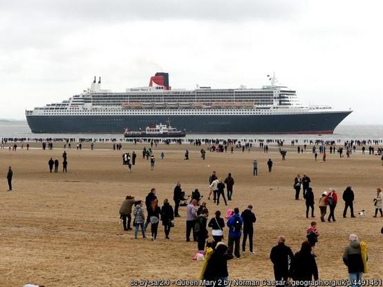 The cruise liner in a river, with the beach in front. People on the beach watching the ship