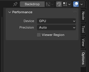 A screenshot of the performance options tab in Blender's compositing view. The performance box allows you to select CPU or GPU as the compositing device.