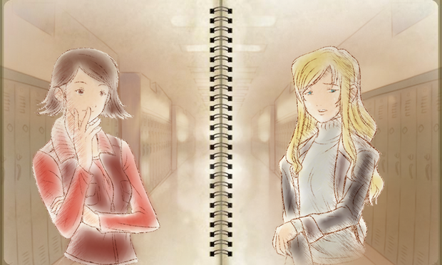 A hand drawn scene of a school hallway, lockers and classroom doors on each side of the hall. The scene is drawn on the pages of an open diary, bisecting the hallway. The background is muted and sketchy.
On the left page is a young woman with short dark hair, wearing a red sweater and dark red vest, she is lost in thought, looking across "the hall" to the right. 
On the right page is a young woman with long blonde hair, wearing a light blue top with a dark blue baggy sweater; facing left, she looks at the viewer, her eyebrows expressing concern.