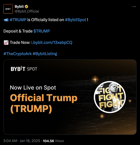 screenshot of tweet showing ByBit, the largest Chinese mafia connected crypto exchange in Asia, listing the TRUMP token for trading.