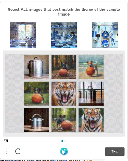 Select ALL images that best match the theme of the sample image. The sample images are AI generated blue kitchen counters with pots and spoons and the pictures you choose from are AI generated dogs with something between a ball and a pumpkin, AI generated tigers and something AI generated which is somewhere between a milk can and a watering can.
