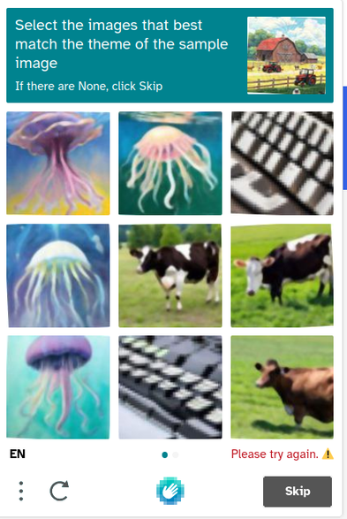 Select ALL images that best match the theme of the sample image. The sample image is an AI generated farm building with a tractor inside a fence and the pictures you choose from are AI generated jellyfish, AI generated cows and some pictures with strange blocky shapes vaguely reminiscent of a keyboard but with irregularly shaped keys, if they are keys, honestly I have no idea what that’s supposed to be.