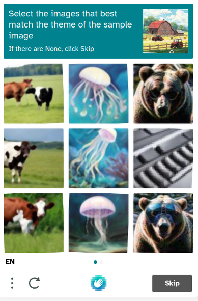 Select ALL images that best match the theme of the sample image. The sample image is an AI generated farm building with a tractor inside a fence and the pictures you choose from are AI generated jellyfish, AI generated bears with tattooed faces, AI generated cows and a strange blocky shape thing.
