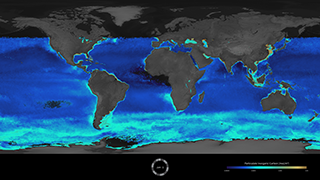 image/png a view of the world's oceans with a bright blue-white encircling Antarctica north to South America, Africa and Australia. Image from NASA.