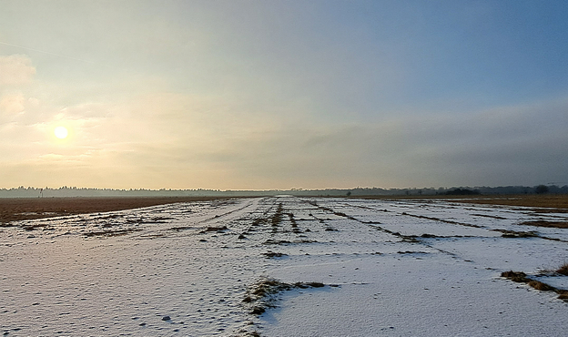 Das Bild zeigt eine weite, flache Landschaft, die von einer dünnen Schneedecke bedeckt ist.  Im Hintergrund ist ein dunkler Waldstreifen zu sehen.  Der Vordergrund wird von einer leicht unebenen Fläche dominiert, die von schmalen, dunklen Linien durchzogen ist, die möglicherweise auf Furchen oder ähnliches hinweisen. Die Sonne scheint von der linken Seite des Bildes und steht recht tief, was einen goldenen Schimmer am Himmel erzeugt. Der Himmel ist größtenteils klar, mit ein paar vereinzelten Wolken. Das Gesamtbild vermittelt einen ruhigen und winterlichen Eindruck einer offenen, möglicherweise landwirtschaftlich genutzten Fläche.

Bereitgestellt von @altbot, generiert mit Gemini