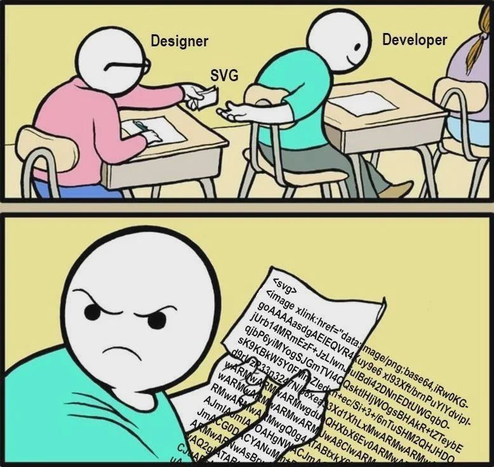 Designer podaje deweloperowi obrazek w formacie svg (powinny to być krzywe).
Na drugim obrazku dev się krzywi, widząc, że to osadzony w wektorowym svg zwykły bitmapowy png.
Ma wkurzoną minę :)