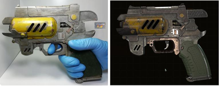 Comparison of the Outer Worlds pistol prop replica and in-game pistol screenshot.