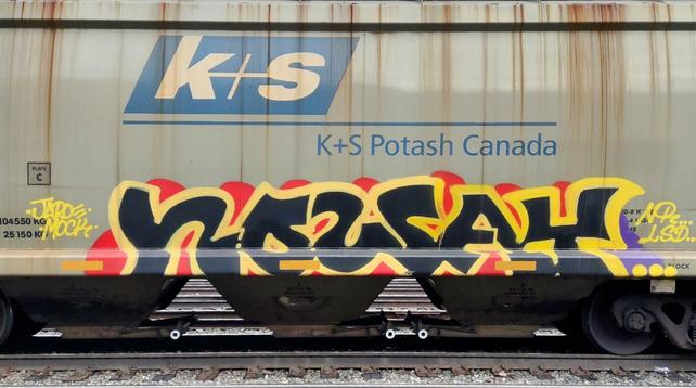Train car with graffiti rolling through Kamloops BC Canada