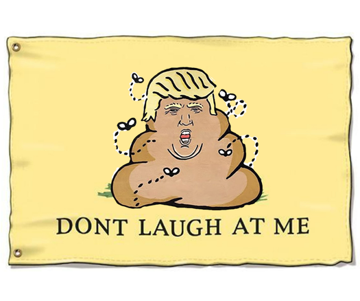 Gadsden Flag parody.
The coiled snake on the origial "Don't  Tread On Me" flag has been replaced with a coil of poo that has Trump’s face on it. 
Flies buzz around it.
The phrase, "Dont Tread On Me," has been changed to, "Dont Laugh At Me."