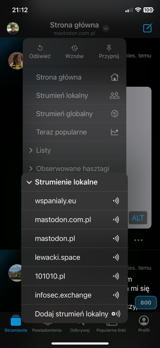 Ekran aplikacji Ice Cubes na iPhone pokazujący możliwość dodania lokalnych osi czasu z innych serwerów fedi.