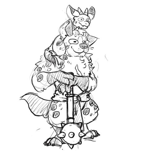 A drawing featuring a tiny kobold who is sitting on top of the shoulders of a big gnoll, leaning on their head. The gnoll got a giant spiked mace in front of them, their hands casually resting on the end of it.