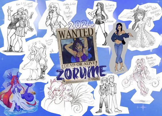A collage of 11 of my art from this year. There are a lot of traditional sketches and 3 digital illustrations. The one at the center is a Wanted poster from One Piece but for myself in my self-insert fanfiction. I've added "2024" and "Zorume" around it. 
The background is a light night sky with stars.
