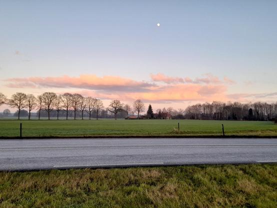 A road from left to right with some grass in front. On the other side of the road are fields and in the distance a row of trees with in the middle a farm. There are pink clouds and a almost full moon is visible.