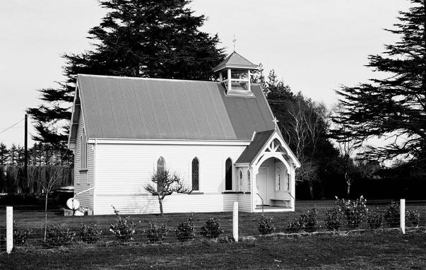 Black and white photo in landscape format. Small white wooden weatherboard church against a background of dark yew trees. Has no spire only a small stout square raised area with bell and a small pitched roof over it. Roofing is corrogated iron appearing lighter than the dark trees.