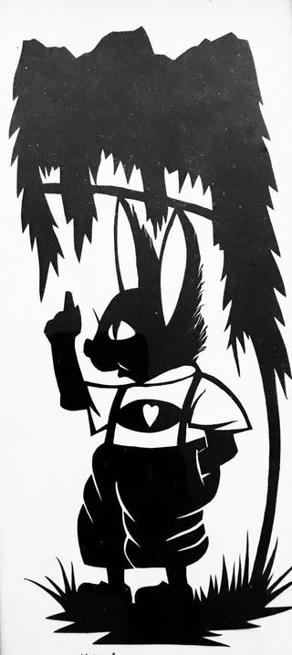 woodcut print or rabbit in lederhosen with heart design on suspenders, raising finger
