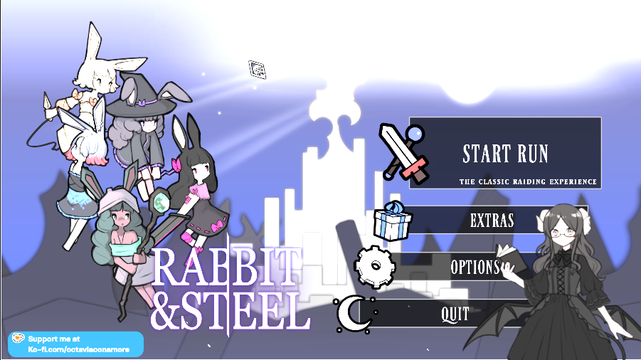 A slightly overexposed screenshot of the main menu from Rabbit & Steel with a PNGtuber avatar in the bottom right. 5 Rabbit girls are in various poses, one with a 2-handed sword, 2 with staves, 1 with kunai, and 1 with her hands hidden behind her back. In the background is a city lit up white.