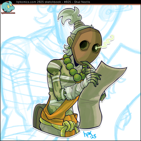 hpkomic sketchbook entry featuring Shal Noctis, a mummified monk
