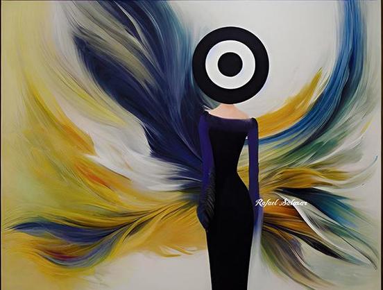 Elegant figure in a black dress with dynamic yellow, blue, and white brushstrokes resembling wings, symbolizing creativity and motion.