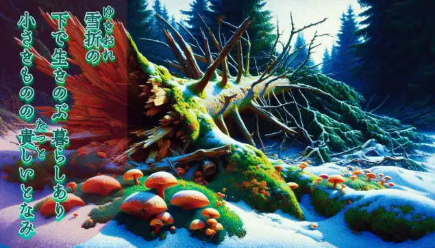 « Generated by MicrosoftDesigner, Edit in CapCut »
Alt-TXT: A fallen tree covered in snow with mushrooms growing around it in a winter forest.&nbsp;
On the left side of the image is a tanka poem written in Japanese that reads, “There are already creatures living under the trees that have broken under the weight of the snow. I feel a sense of respect for the lives of these tiny creatures."