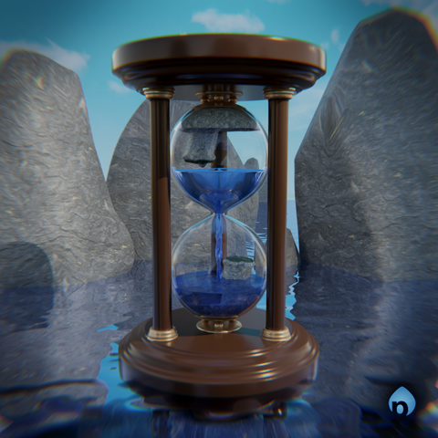 A stylized hourglass sitting on water in the middle of some rocks