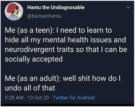 Screenshot of a post by Hantu the Undiagnosable 
@barisanhantu

Text reads:

Me (as a teen): I need to learn to hide all my mental health issues and neurodivergent traits so that I can be socially accepted.

Me (as an adult): well shit how do I undo all all that.