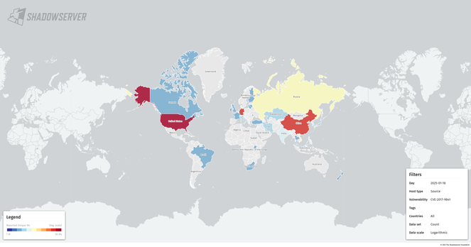 Map of web servers that are vulnerable to CVE-2017-9841.

Source: https://dashboard.shadowserver.org/statistics/honeypot/vulnerability/map/?day=2025-01-18&host_type=src&vulnerability=cve-2017-9841