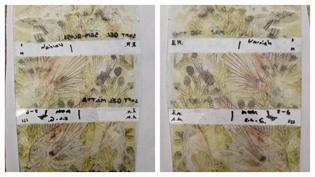 The results of the experiment, which show results like mentioned in the post. Some areas are more translucent and glossy, others are matte and if you look really closely in real life, you can see the white of the paper more clearly giving a cloudy effect on the back of the glass