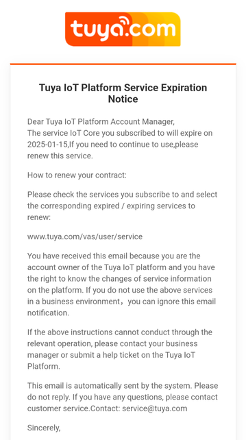 Email from Tuya informing of the end of the trial period for their IoT products and asking to subscribe.