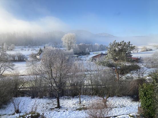Blick in ein verschneites Tal, leicht neblig. Unterschiedliche Steukturen-Büsche, Bäume, ein Haus, Bachlauf sind zu sehen. Blauer Himmel.