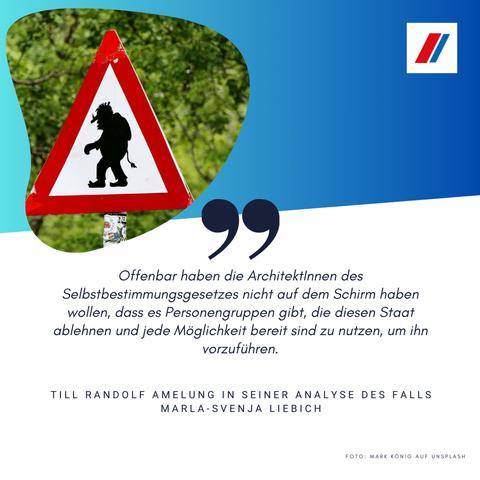 Grafik mit Troll-Warnschild und Zitat "Offenbar haben die ArchitektInnen des Selbstbestimmungsgesetzes nicht auf dem Schirm haben wollen, dass es Personengruppen gibt, die diesen Staat ablehnen und jede Möglichkeit bereit sind zu nutzen, um ihn vorzuführen".