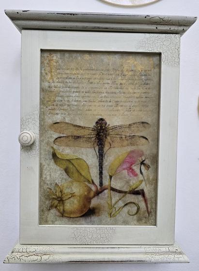 An "antiqued" cream-colored key cabinet with a glass door, on which is an image of a dragonfly, fruit, and flowers, as well as some text in Latin. There is a subtle golden effect showing through in some places. 
Description from original source:  "This dragonfly was used to illustrate some Latin Calligraphy from Mira Calligraphia Monumenta, and painted by Joris Hoefnagel."