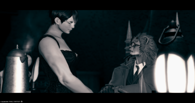 Two characters from ffxiv, but on a nioir settings. 

A femroe walks in, with a beautiful dress. The detective, a female hrothgar looks to her.