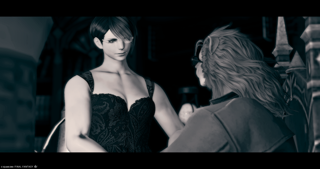 Two characters from ffxiv, but on a nioir settings. 

A femroe walks in, with a beautiful dress. The detective, a female hrothgar looks to her.