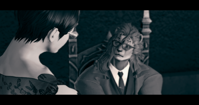 Two characters from ffxiv, but on a nioir settings. 

A femroe walks in, with a beautiful dress. The detective, a female hrothgar looks to her.
