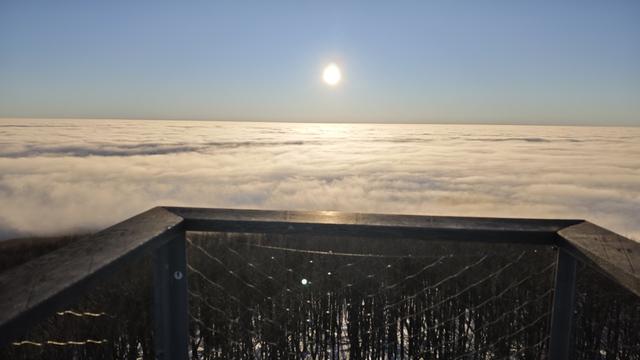 Same place, sun direction again. Sun has risen fully cooked of degrees above the horizon, sky is blue, clubs below white. The wooden fence of the tower is visible worth both corners.