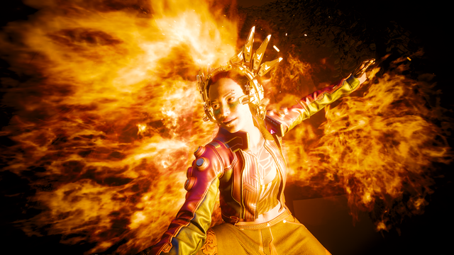 Cyberpunk 2077 V. This V, withe the Name Vanessa Valerie Vasquez, wears a fancy cybercrown like headset, that looks a bit like metal fingers or horns, reaching for the sky, her make up is almost obscured by the fire that engulfs her, she looks like she jumped backwards and is landing or collecting movement/getting momentum for a superhero jumpstart.
Her view goes to the left side of the picture, her right side, her ride arm goes down in front of her while her other arm is hold back behind her  crouch body, to the right side of the picture, her left side

The flames seem to dance around her shoulders. She is literally burning but she doesn't seem to care.

The whole pictures tone is dark red to firy orange with many different shades in between