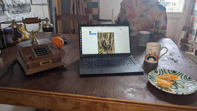 graz.social Control Room (WG-Küche).

Notebook, daneben  ein altes hölzernes Festnetztelefon, Kaffe und augeschnittene Orangen auf einem urigen Hölzernen Tisch in einer Küche.