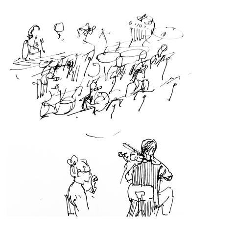Ink sketches of philharmonic musicians playing