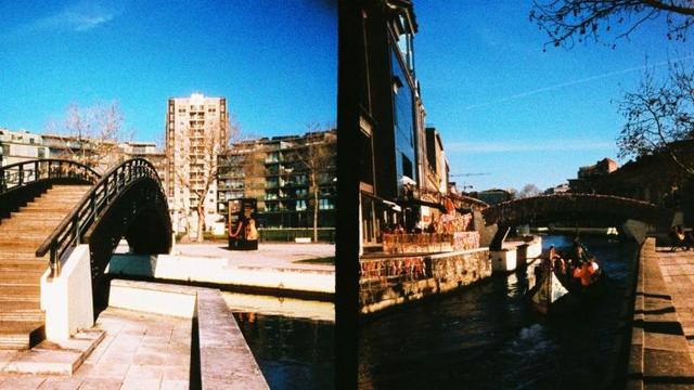 A diptych of two scenes from Aveiro taken with the half frame Golden Wonder.