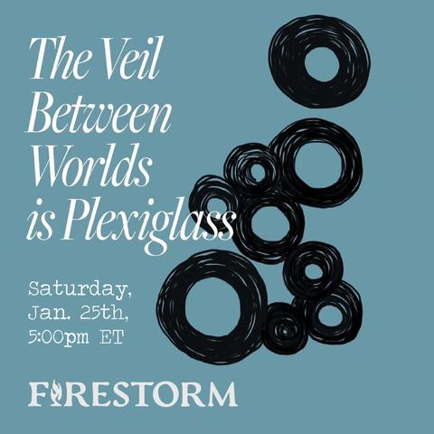 A promotional graphic for an author event with Henri Feola. White text on a blue background reads "The Veil Between Worlds is Plexiglass: Saturday, Jan. 25th, 5:00pm ET." Beside the text is a design made of connected black circles.
