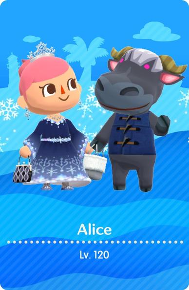 My Camper Card. It has a blue background, and Rodeo and I are standing in the foreground, smiling at each other. He’s a dark-grey bull, and I’m a pink-haired white lady. We’re both wearing winter-themed dark-blue clothing with snowflakes floating around us. Oh, and I have a tiara to match my fancy dress!