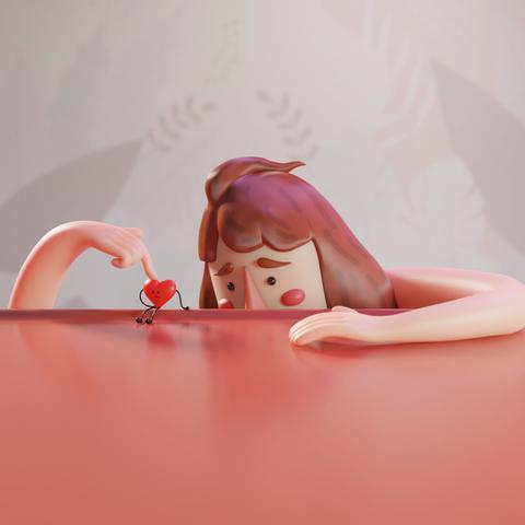 A 3D illustration of a sad girl leaning on a table, touching a small sad heart-shaped character that is sitting on the table.