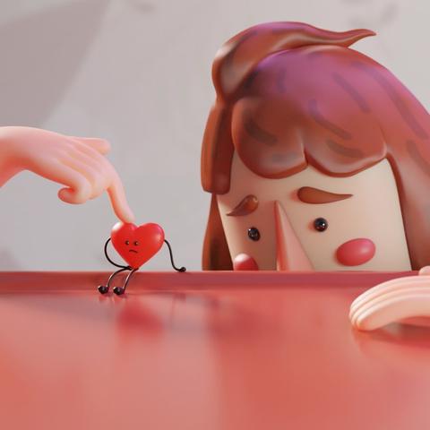 A 3D illustration of a sad girl leaning on a table, touching a small sad heart-shaped character that is sitting on the table.